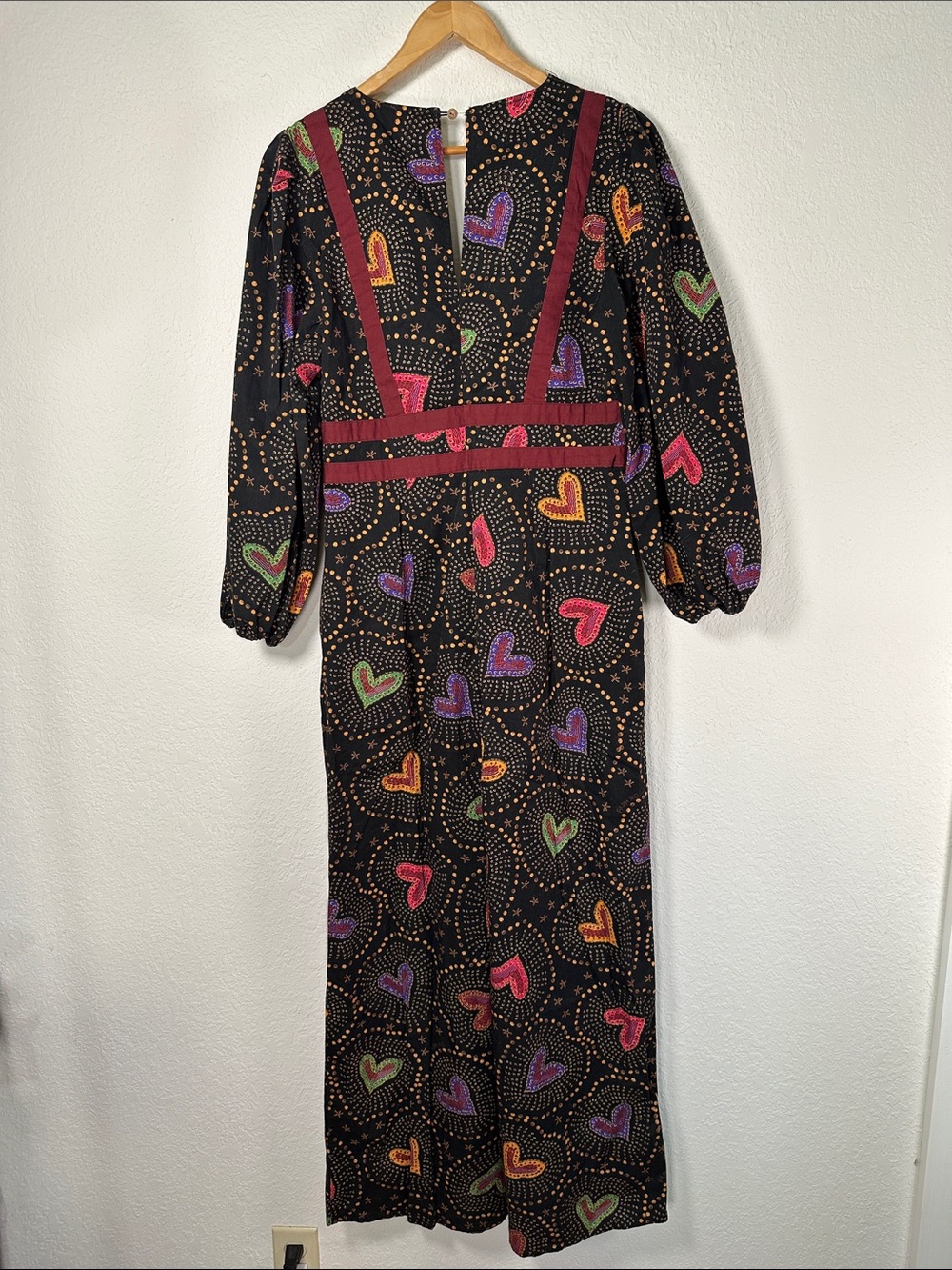 Farm Rio Anthropologie Black Jumpsuit Multicolor Heart Print and Burgundy Trim - Picture 7 of 9